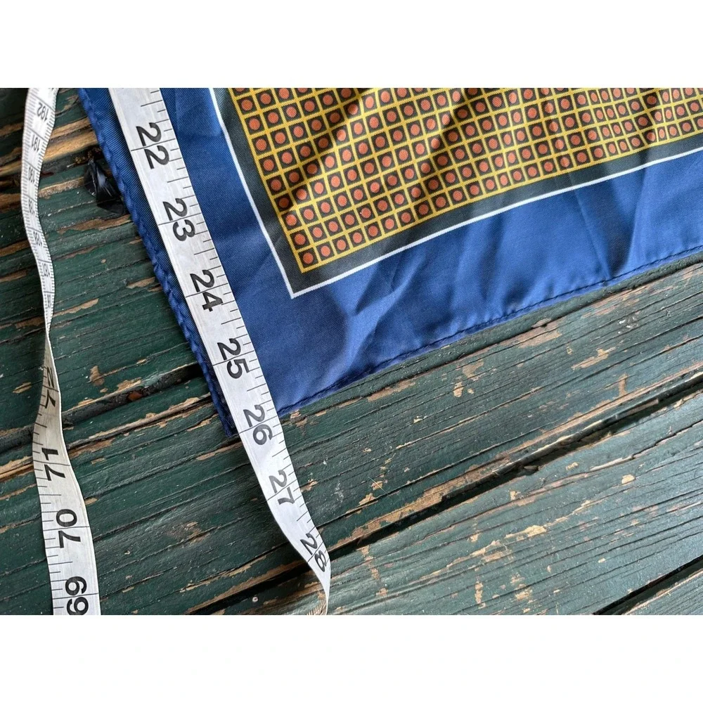 Vintage Silken‎ Polyester Geometric Square Scarf Navy Blue Gold Made in Japan
